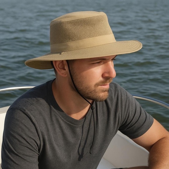 Jacobson Hat Men's Tan Sun Hat Boonie Safari Breathable Mesh Chin Strap - Picture 8 of 8